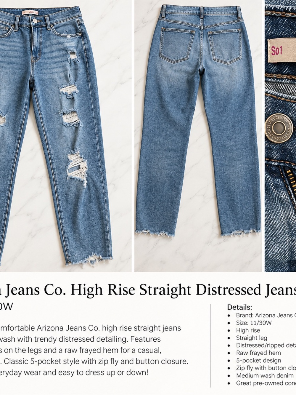 Arizona High Rise Straight Distressed Jeans Size 11/30W